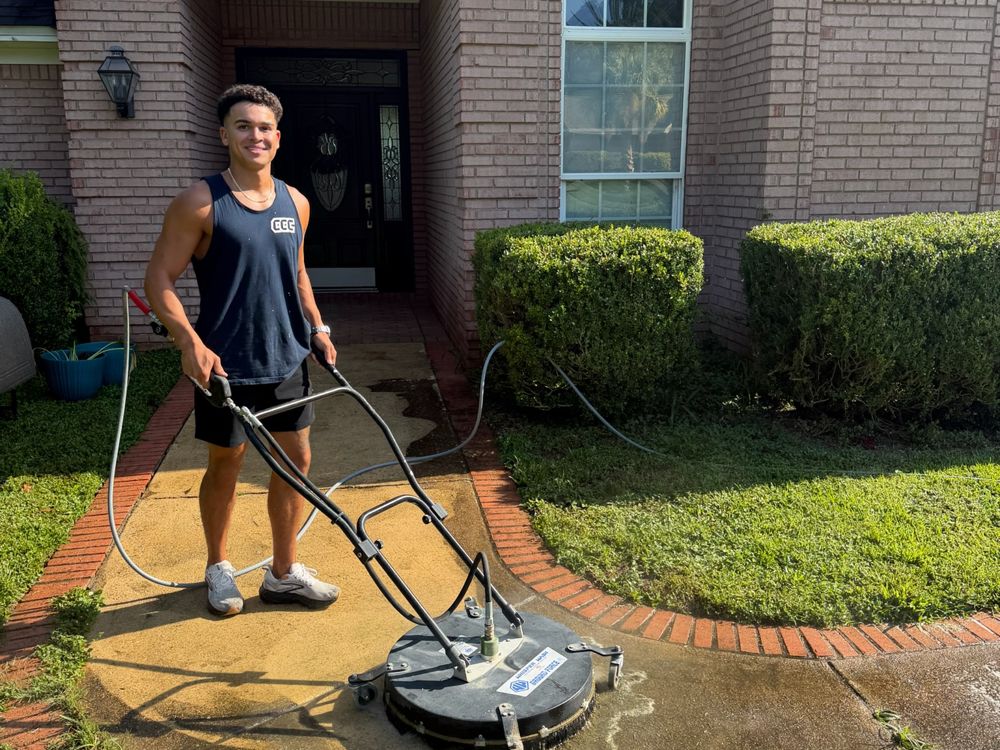 Pressure washing a brick walkway with a surface cleaner